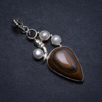 

Natural Iron Tiger Eye,River Pearl and Smoky Quartz Handmade Unique 925 Sterling Silver Pendant 2" X1498
