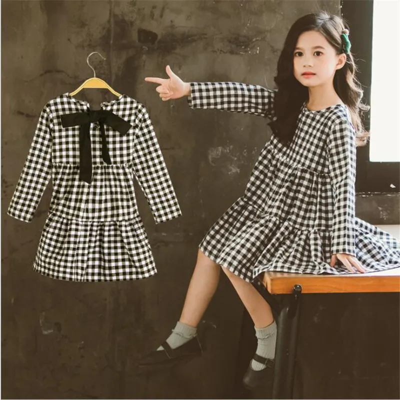 Plaid Dress Girl Autumn Bow-knot Winter Girl Dresses Long Sleeve Kids Clothing Casual Children Costume 4 5 6 7 8 10 12 Year