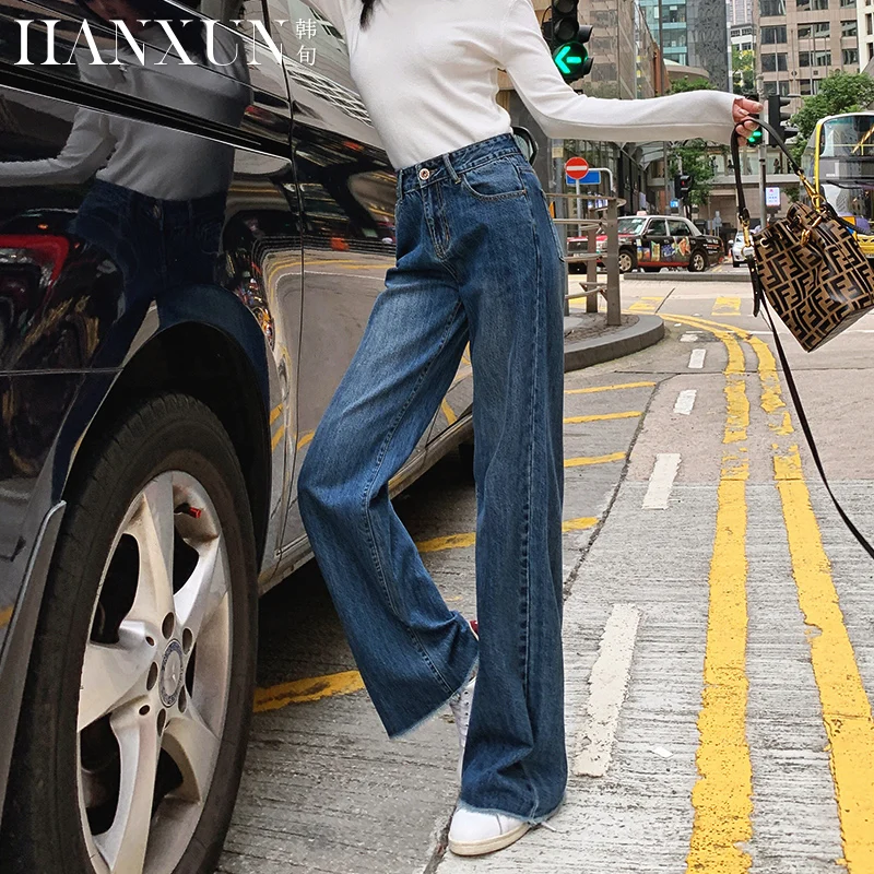 Free Shipping 2021 High Quality Long Pants For Women High Waist Trousers Spring Denim Wide Leg Jeans Size 25-31 Embroidery