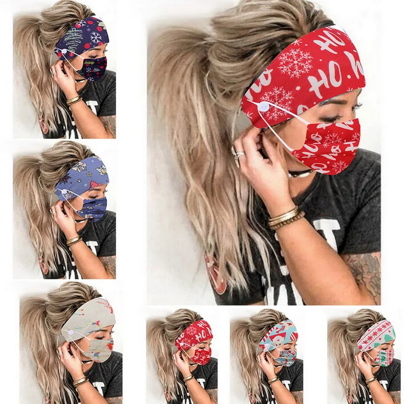 

2 PCs Soft Christmas Printing Earmuff Headband With Button Women Outdoor Casual Headwear 2020 New Fashion Scarf Hair Accessories