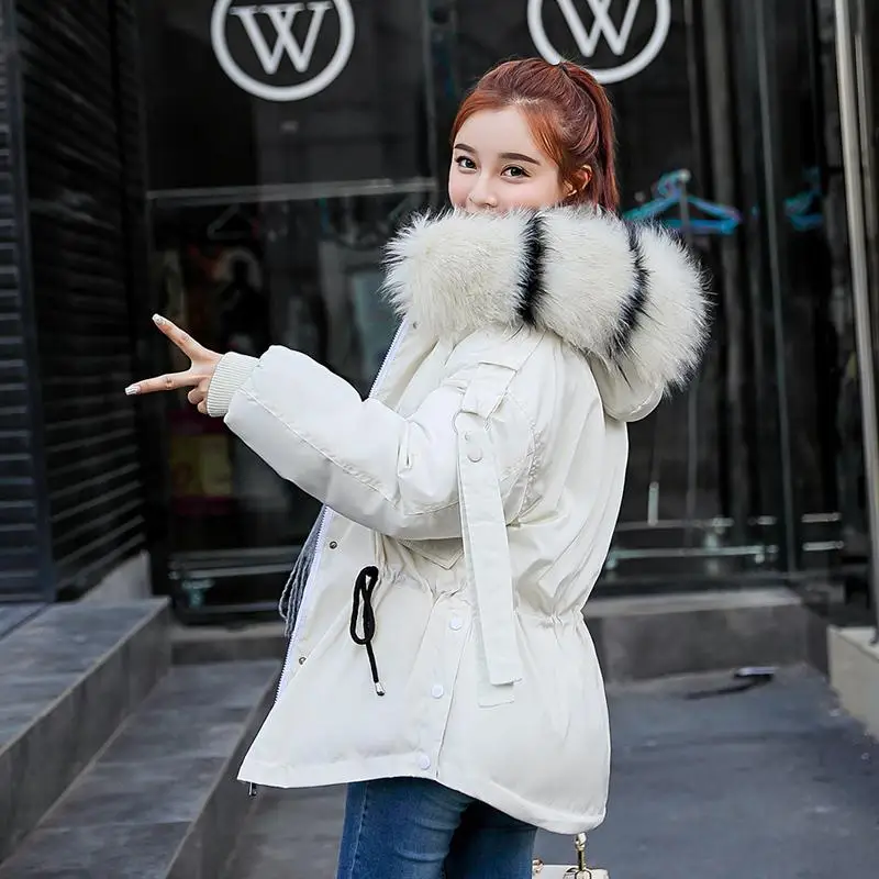 Fitaylor Новая Женская осенне-зимняя короткая куртка Mujer с капюшоном парки Женское пальто свободная хлопковая верхняя одежда с меховым воротником - Цвет: White