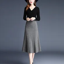 Модная винтажная юбка на молнии с высокой талией в стиле ретро; элегантная Шерстяная Юбка До Колена; облегающая удобная юбка