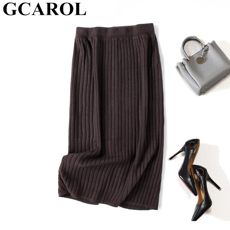 Коричневый GCAROL новая осенне-зимняя женская трикотажная юбка средней длины с эластичной резинкой на талии, раздельная облегающая юбка, плотная теплая элегантная женская юбка - Цвет: Коричневый
