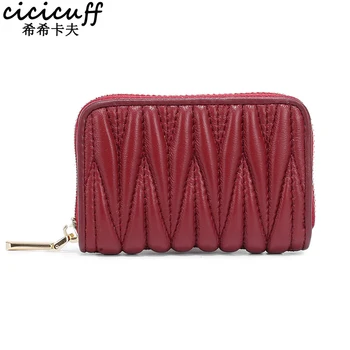 

Fashion Women's Card Bag Genuine Sheepskin Leather Designer Wrinkle Credit Cards Holder Coins Organizer Wallet Women Coin Purse