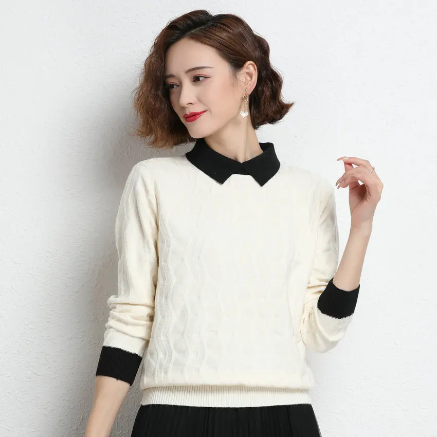 

Women Sweater Winter Sheep Wool Pullover Contrast Colour Cuff Design Knitting Top Pater Pan Collar Jumper Mujer Blacj White Blue