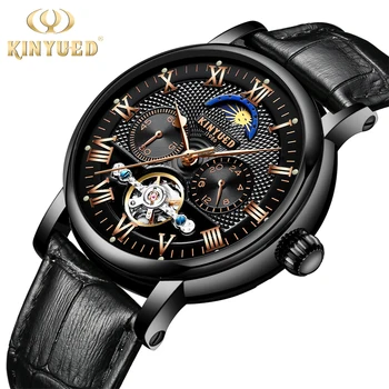 

KINYUED Mens Skeleton Watch Men Automatic Mechanical flying Tourbillon Watches Moon Phase Luxury Brand 24hours relogio masculino
