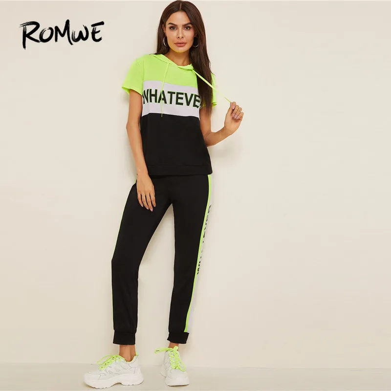 Romwe спортивный комплект из двух предметов с буквенным принтом и коротким рукавом для женщин, спортивные костюмы с капюшоном и лентой, спортивные костюмы для бега, одежда для тренировок