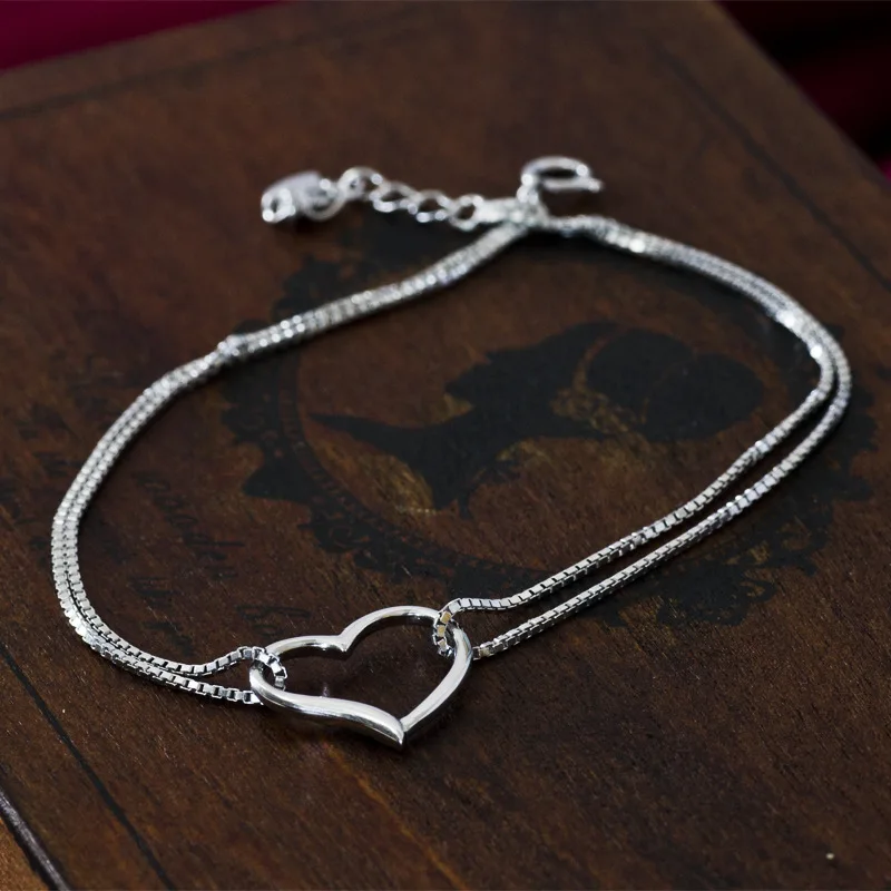 

Japanese Korean Simple 925 Sterling Heart Shape Bracelets Versatile Fashion Korean-style Box Chain Heart Double Layer Bracelets