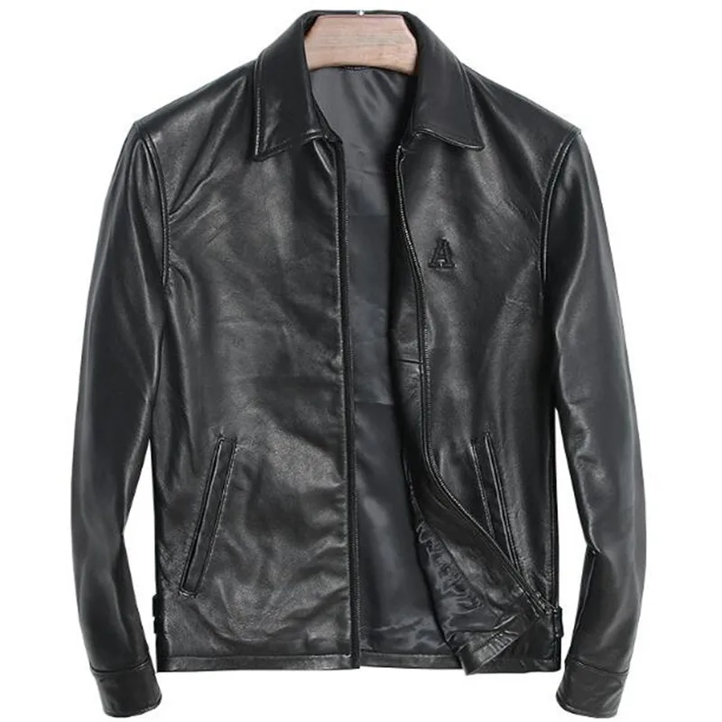 

Genuine Leather Jacket Men Vintage Winter Spring 100% Natural Sheepskin Embroidery Letter A Male Fashion Zipper Bomber Jacket
