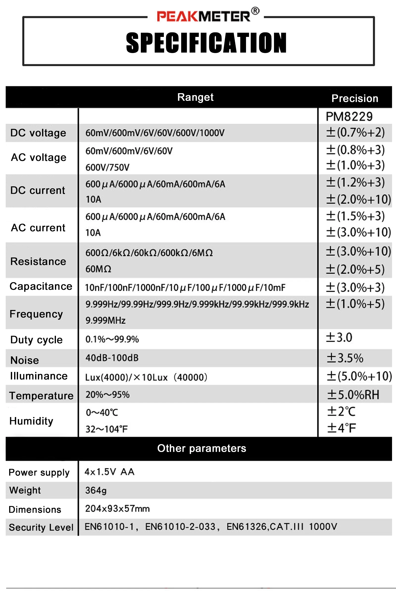PEAKMETER PM8229 5 in 1 Auto Digital Multimeter With Multifunction Lux