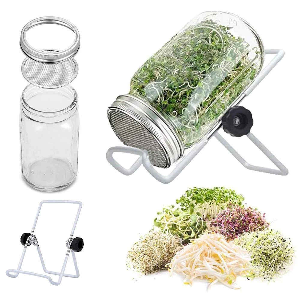 1Set Seed Sprouter Germination Cover Kit Sprouting Mason Jars with Stainless Steel Strainer Lids Stainless Steel Germinator Stan