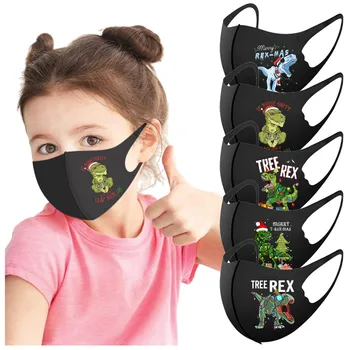 

1pcs Children Boys Girls Black Mouth Mask Dinosaur Print Washable Adjustable Cartoon Lovely Earloops Mask Cover Ice Silk Cotton