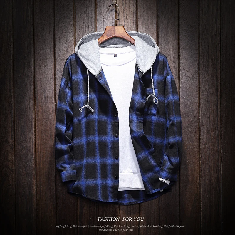 

XMY3DWX 2019 new style fashion male autumn slim Fit grid long-sleeved shirts/men Loose and comfortable hooded Casual shirts 5XL