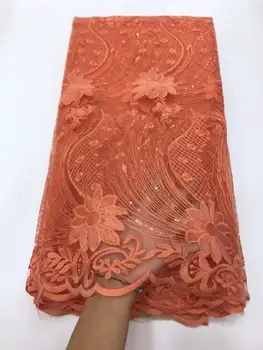 

Pink Orange African Lace Fabric 2019 3D Flowers Sequins Tulle Lace Fabric High Quality Beautiful French Tulle Lace Fabric