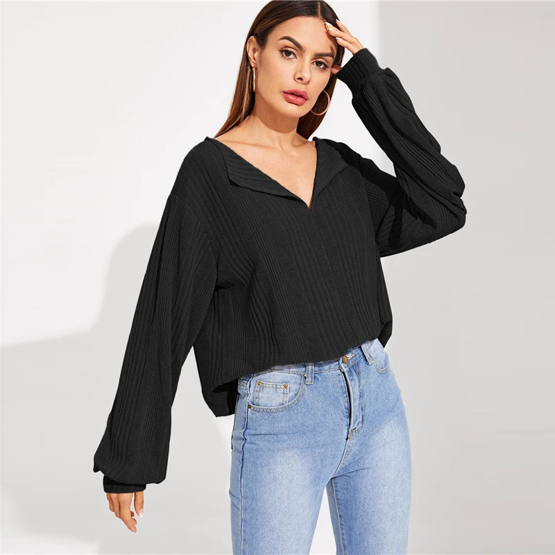 SHEIN, однотонный топ с заниженным плечом, трикотажный эластичный Топ, Женский весенне-осенний длинный рукав, v-образный вырез, Женские повседневные футболки топы