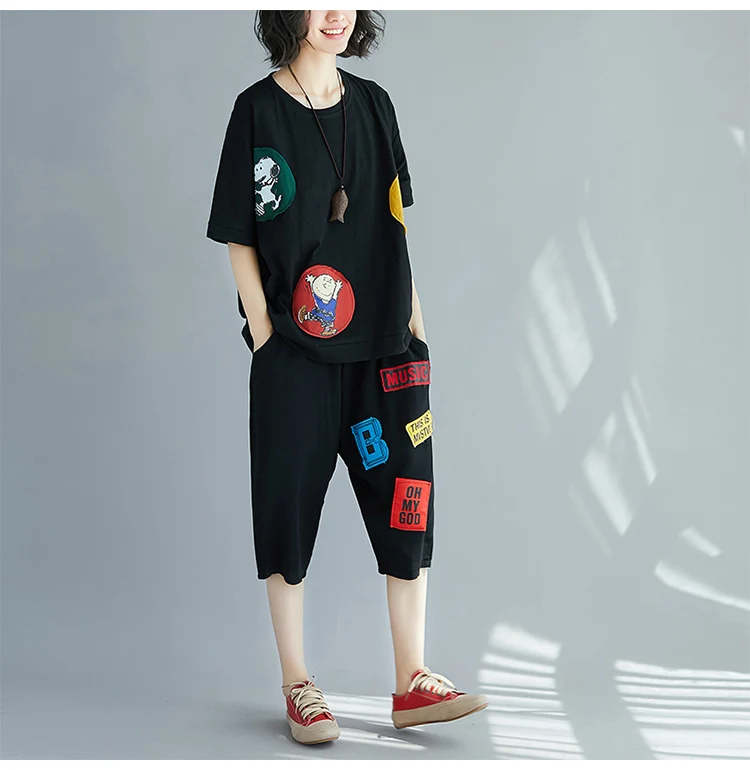 Комплект из 2 предметов; большие размеры; женские комплекты; Новинка года; сезон лето; Kawaii; аниме; принт; винтажный хлопковый костюм; большие размеры; повседневные свободные шорты; 5XL