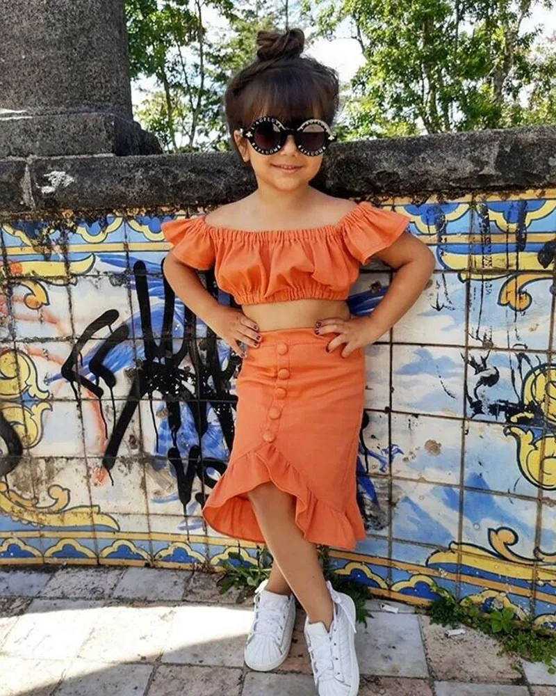 Toddler Baby Girls Clothes Orange Off Shoulder Crop Top Ruffle A-Line Skirt 2PCS Outfit 1-6Y Summer