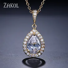 ZAKOL модный прозрачный в форме капли воды циркон кулон ожерелье Блестящий Кристалл Свадебные украшения для женщин Девушка Вечерние подарки FSNP077