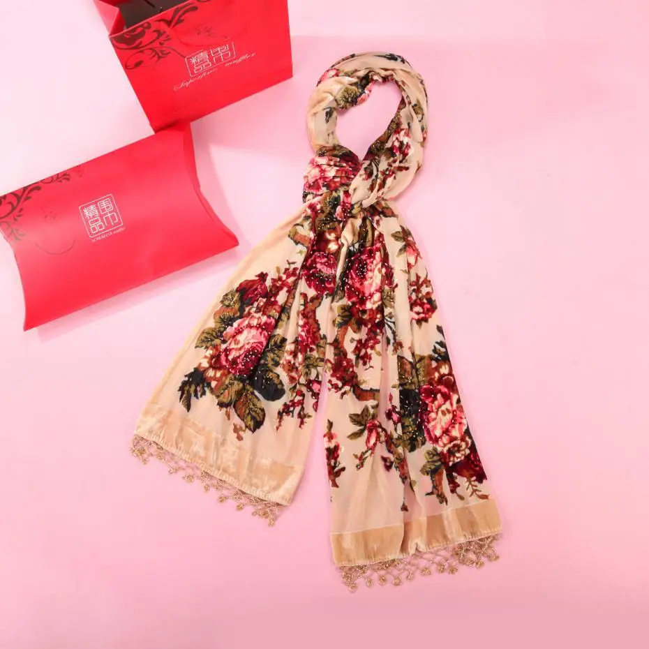 Красная сетка Bufanda Cachecol feminino женские шарфы жаккардовые искусственный кашемир мусульманский хиджаб длинные кисточки Новое поступление шаль - Цвет: Beige C