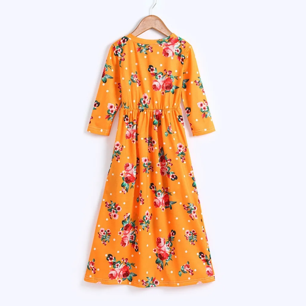 Dress E Девушки Макси платье Цветочный горошек печати случайный 3/4 Ампирный рукав, Талия платье с карманами дети богемные пляж длинный Outift для От 5 до 12 лет - Color: Dress E