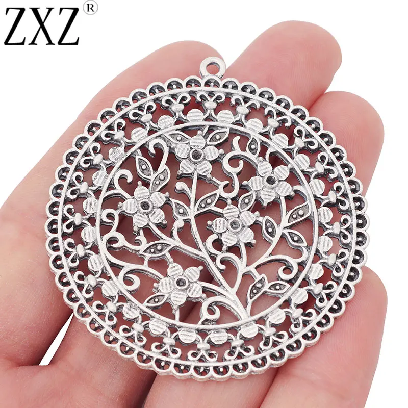 ZXZ 2pcs Tibetan Silver Large Filigree Flower Circle Round Charms Pendants for Necklace Jewelry Making Findings 55mm