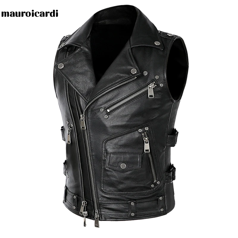 Mauroicardi Autumn Black Motorcycle Leather Vest Men Zipper Pockets Plus Size Faux Leather Biker Sleeveless Jacket 4xl 5xl 2021 best leather jackets