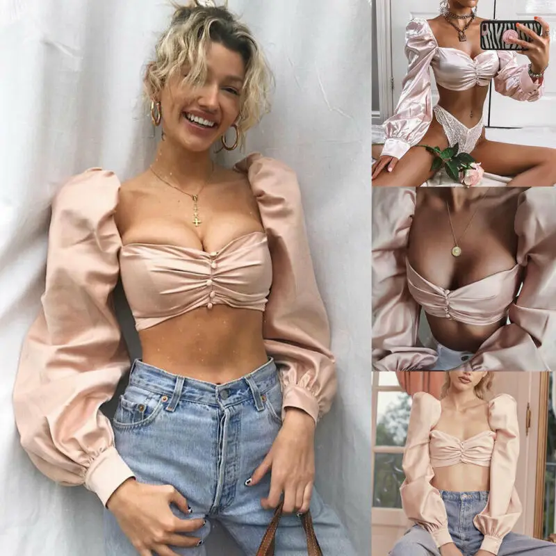 

2019 New Women Fashion Hight Street Cropped Tops Button Tee Casual T-shirts Long Puff Sleeve Slim Fit Party Club
