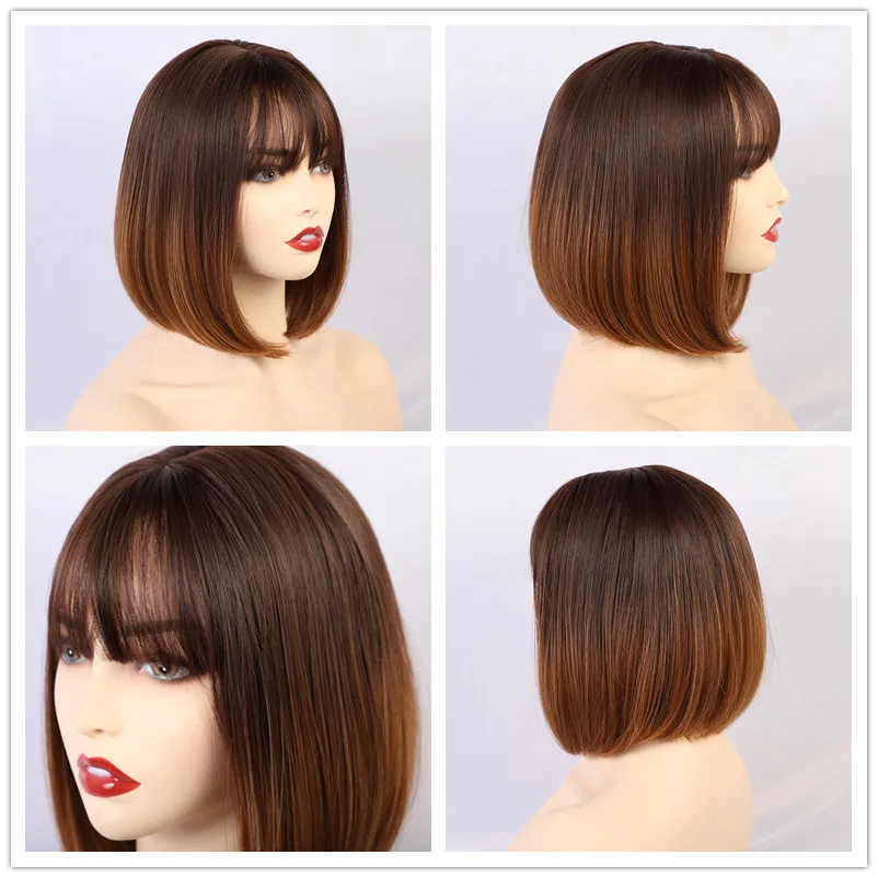 Крошечные LANA короткие прямые Ombre черный коричневый синтетические парики с челкой для женщин боб парик жаростойкий Лолита косплей парик - Цвет: ss146-2