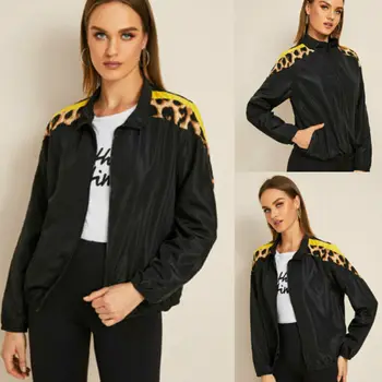 

Brand New Fashion Women Spring Autumn Warm Black Leopard Patchwork Zipper Punk Casual Coat Jacket Tops Femme Active Wear