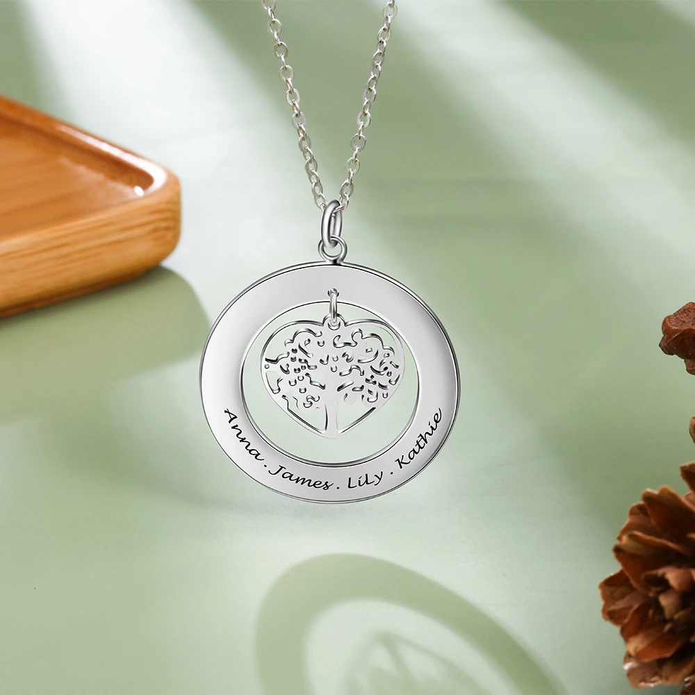Personalised Tree of life Heart Family Necklace your Own Names Engraved Gift
