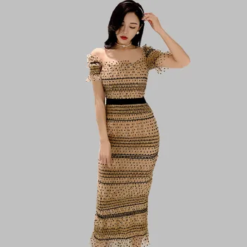 

HAMALIEL Summer Runway Mesh Bodycon Pencil Dress 2020 New Self-Portrait Women Square Collar Wave point Long Party Sheath Dress