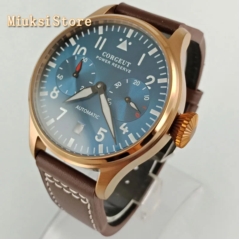 blue Corgeut 42 мм Бронзовый чехол, черный/синий циферблат, светящаяся Чайка, запас хода, автоматический механизм, кожаный ремешок, мужские топ, роскошные часы - Цвет: blue