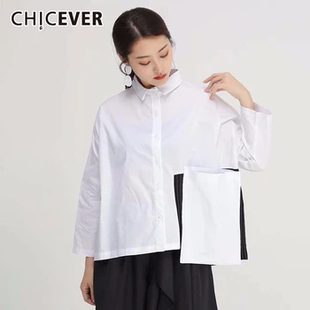 

CHICEVER Asymmetric Patchwork Women's Shirt Lapel Collar Long Sleeve Striped Hit Color Oversized Casual Shirts Female Summer New