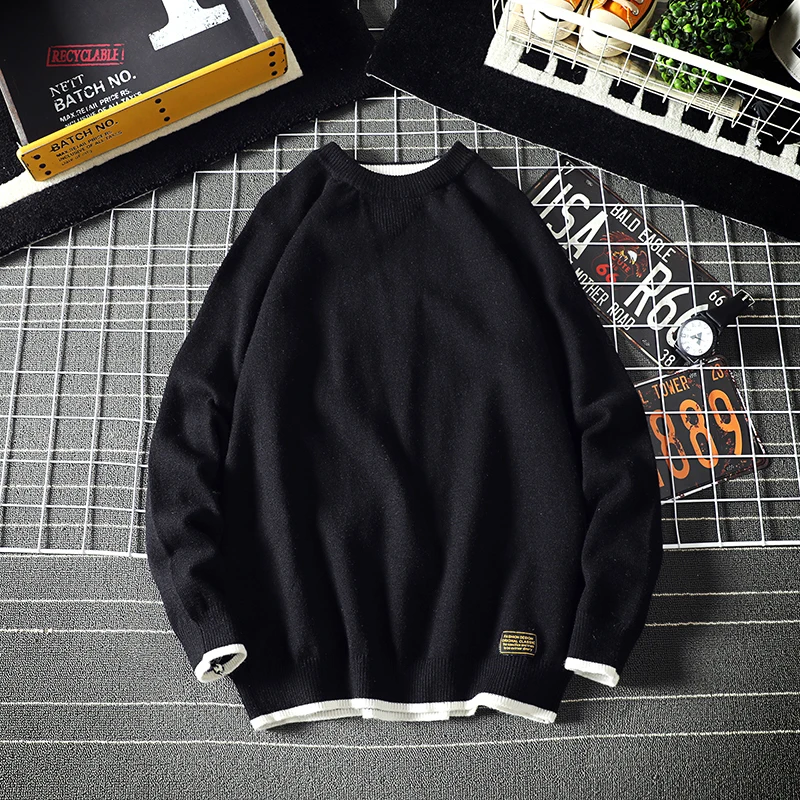Зимний свитер мужской теплый модный однотонный Повседневный вязаный пуловер мужской свободный свитер с длинными рукавами мужской большой размер M-5XL - Цвет: black