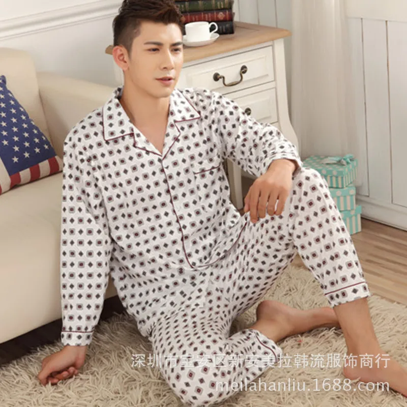 

Spring And Autumn Summer Knit Cotton Pajamas MEN'S Long-sleeved Casual Men Homewear Set Plaid with Cotton Fold-down Collar