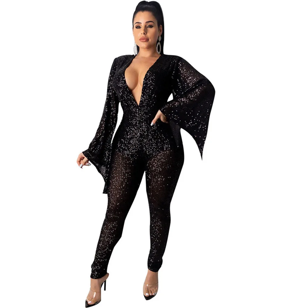 Women Mesh Sheer Black Sequin Jumpsuit Sexy V-Neck Flare Sleeve Sparkly Bodysuit Glitter Night Club Party Romper Overalls Femme