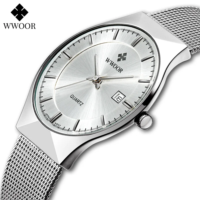 WWOOR Silver Men Watches with Mesh Steel Top Brand Luxury Ultra Thin Quartz Waterproof Date Business Wristwatch Box Montre Homme weil homme silver