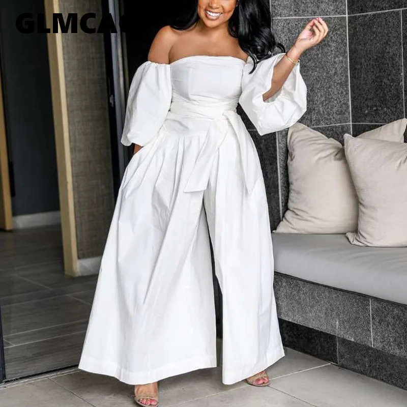 

Women Sexy Off Shoulder Casual Jumpsuits Lantern Sleeve Sashes Wide Leg Overalls Loose Fit Party Solid Jumpsuit