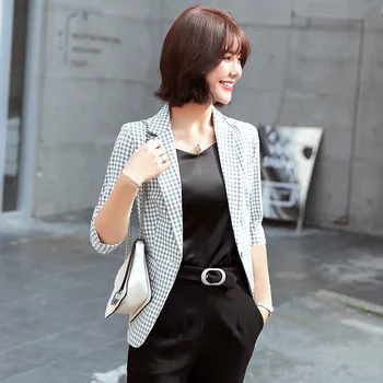 

Women's single coat 2019 autumn new fashion temperament casual Slim plaid single button small suit women's shirt