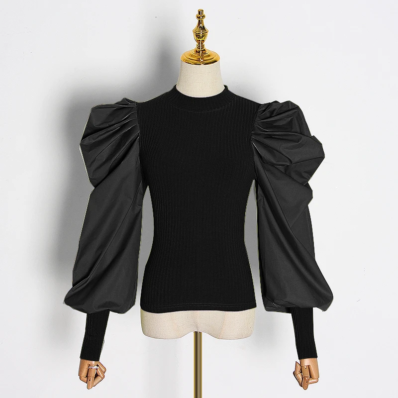 black TWOTWINSTYLE Лоскутные вязанные женские свитера с круглым вырезом и пышным длинным рукавом, туника с рюшами, женский свитер, модная одежда - Цвет: black