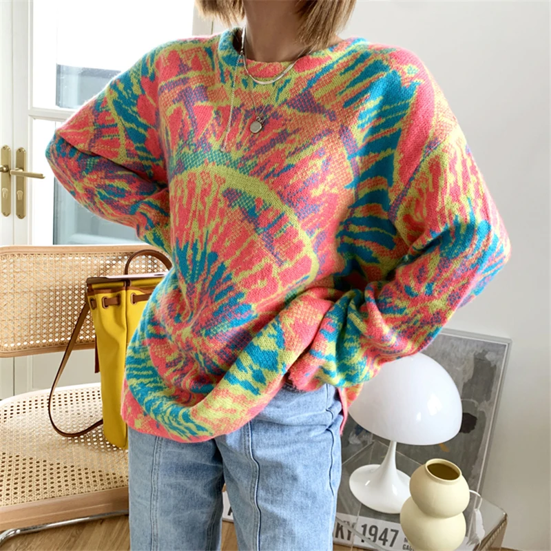 

Swirl Colorful Loose Pullover Women Autumn Winter Fashion Street Style New O-neck Oversize Knitted Pullovers For Female Vestidos