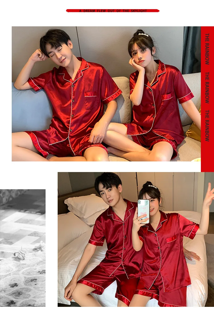 mens cotton pjs Solid Color Sleepwear Silk Satin Pajamas Couple Set Short Button-Down Pyjamas Suit Pijama Women Men Loungewear Plus Size Pj Set mens pajama shorts set