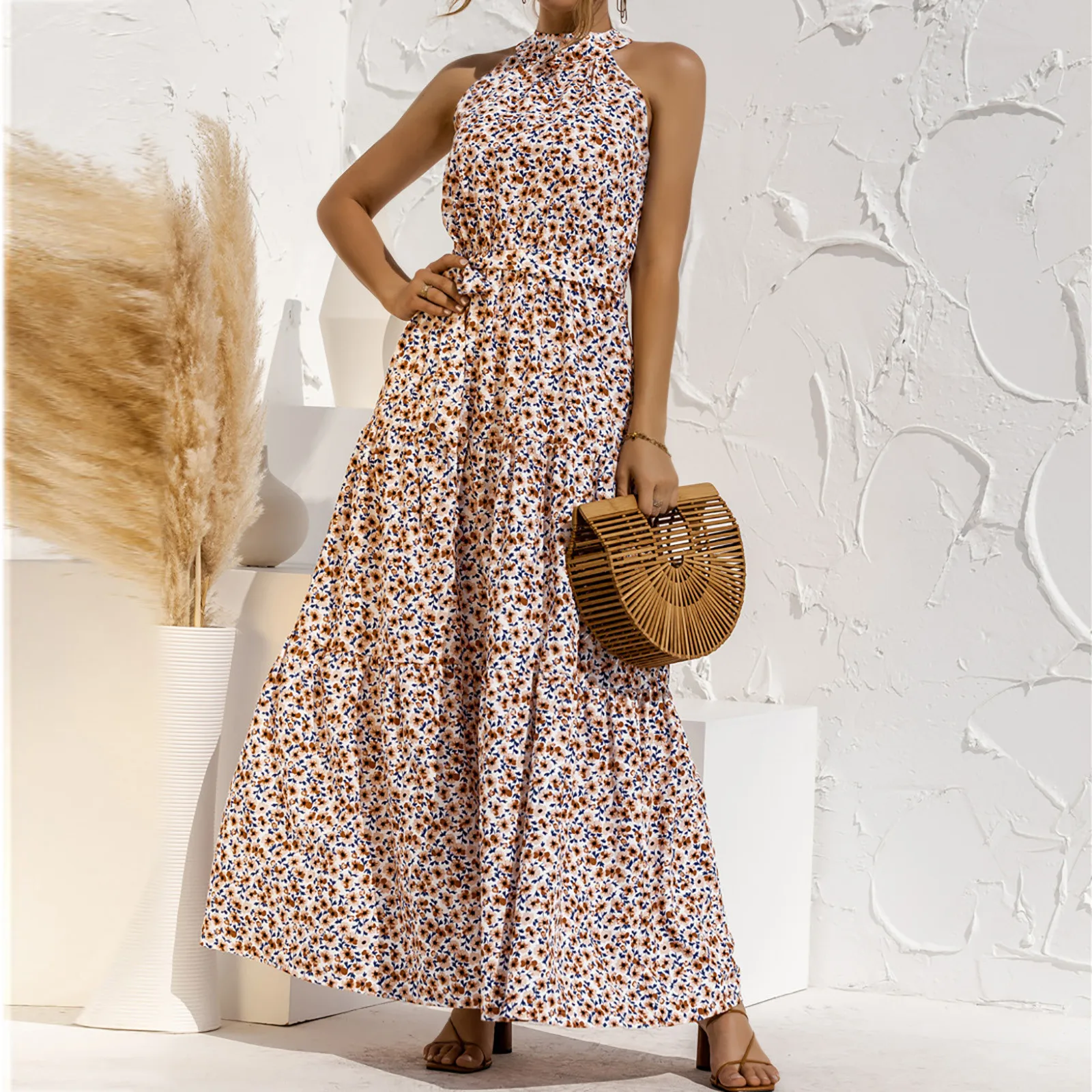 Women Summer Dress Fashion Halter Sleeveless Print Sexy Casual Sling Long Dresses Maxi Dresses For Women Maxi Sukienka 2021 2
