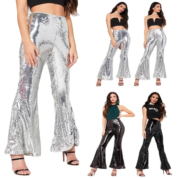 

Fashion Women Sequin Glitter Flare Shining Trousers Female Party Dance High Waist Bell Bottom Long Pants Clubwear Streetwear New