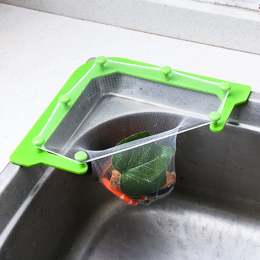 Tri-Holder Filter Sink Strainer Bag Leftovers Garbage Storage Rack Kitchen Hanging Fine Mesh Net Holder