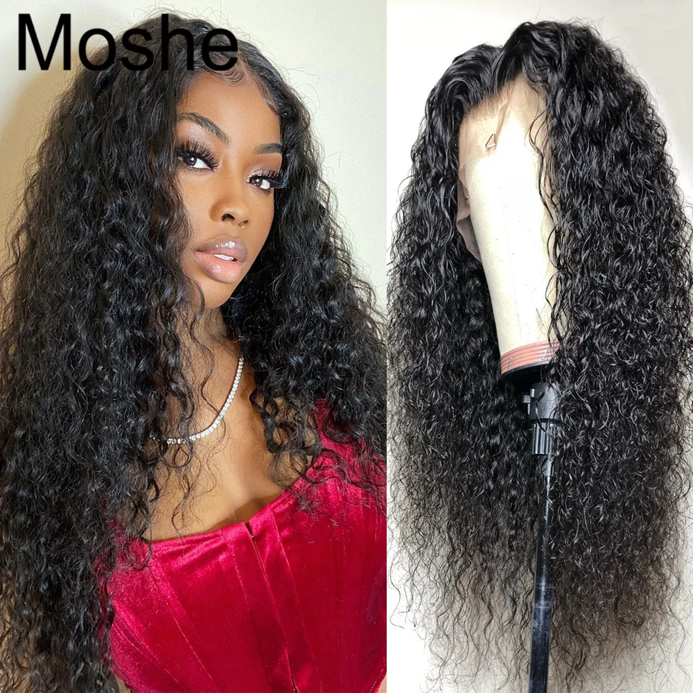 Moshe-peluca ondulada de agua de 30 pulgadas para mujer, peluca Frontal de encaje transparente, prearrancada, 13x4, peluca con malla Frontal Remy, pelucas de cabello humano de 12-30 pulgadas