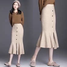 Юбка на элегантных кнопках спереди Женская плиссированная юбка с подолом в виде рыбьего хвоста трикотажная длинная юбка Женская эластичная талия Русалка рабочая одежда Облегающие юбки