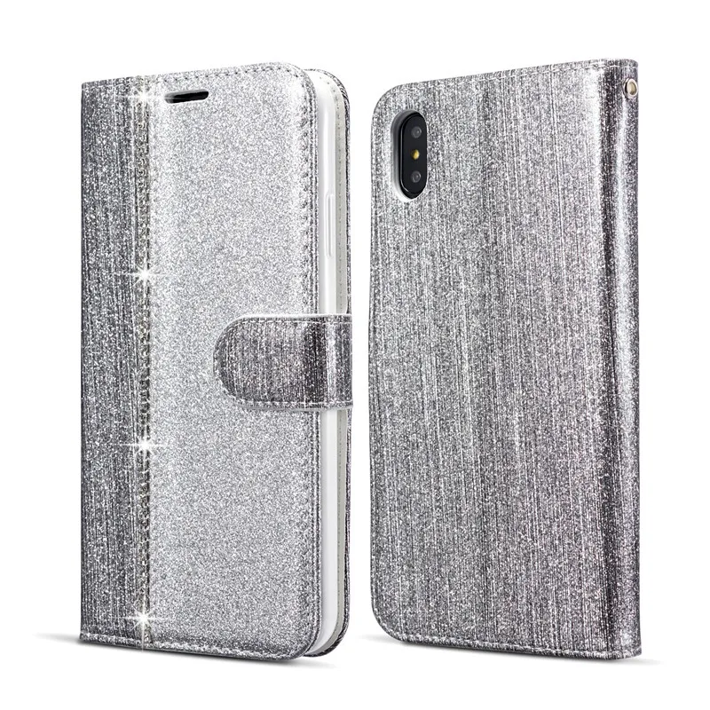 Блестящий Алмазный флип-чехол для iPhone 7 Plus 6 6S 8 11 Pro XS Max XR 8Plus 7 Plus iPhone11 кожаный бумажник-книжка блестящий чехол - Цвет: Серебристый