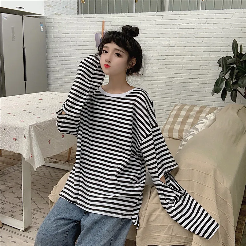 Lychee Harajuku в полоску с дырками, цветной блок, Женская толстовка с круглым вырезом, свободный женский спортивный костюм, хит, цвет, осенние женские пуловеры