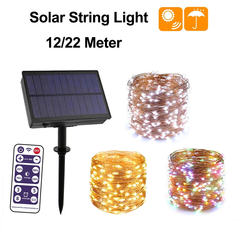 New Solar String Lights 100/200 LED String Lights 12/22 Meter Outdoor Waterproof Copper Wire Lights With Remote Control